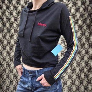 black crop top rainbow stripe hoodie block party juniors medium